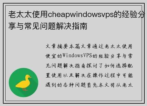 老太太使用cheapwindowsvps的经验分享与常见问题解决指南