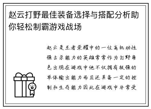 赵云打野最佳装备选择与搭配分析助你轻松制霸游戏战场