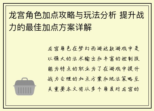 龙宫角色加点攻略与玩法分析 提升战力的最佳加点方案详解